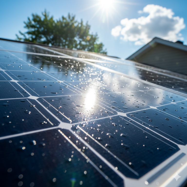 Close-up of sparkling clean residential solar panels with water droplets, reflecting bright sunlight and a clear blue sky, emphasizing efficient energy capture