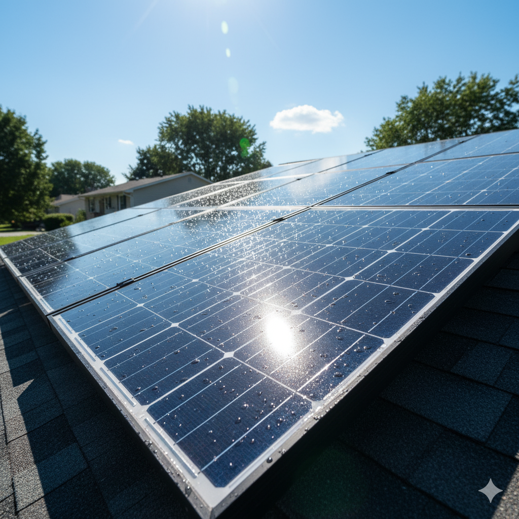 Close-up of newly cleaned residential solar panels on a rooftop, sparkling with water droplets and brightly reflecting the sun under a clear blue sky, emphasizing increased efficiency.