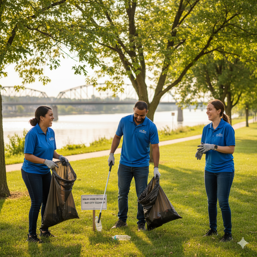 Three smiling Solar Shine Michigan team members participating in a Bay City cleanup event along the Saginaw River, holding trash bags and a litter picker, with a bridge in the background.