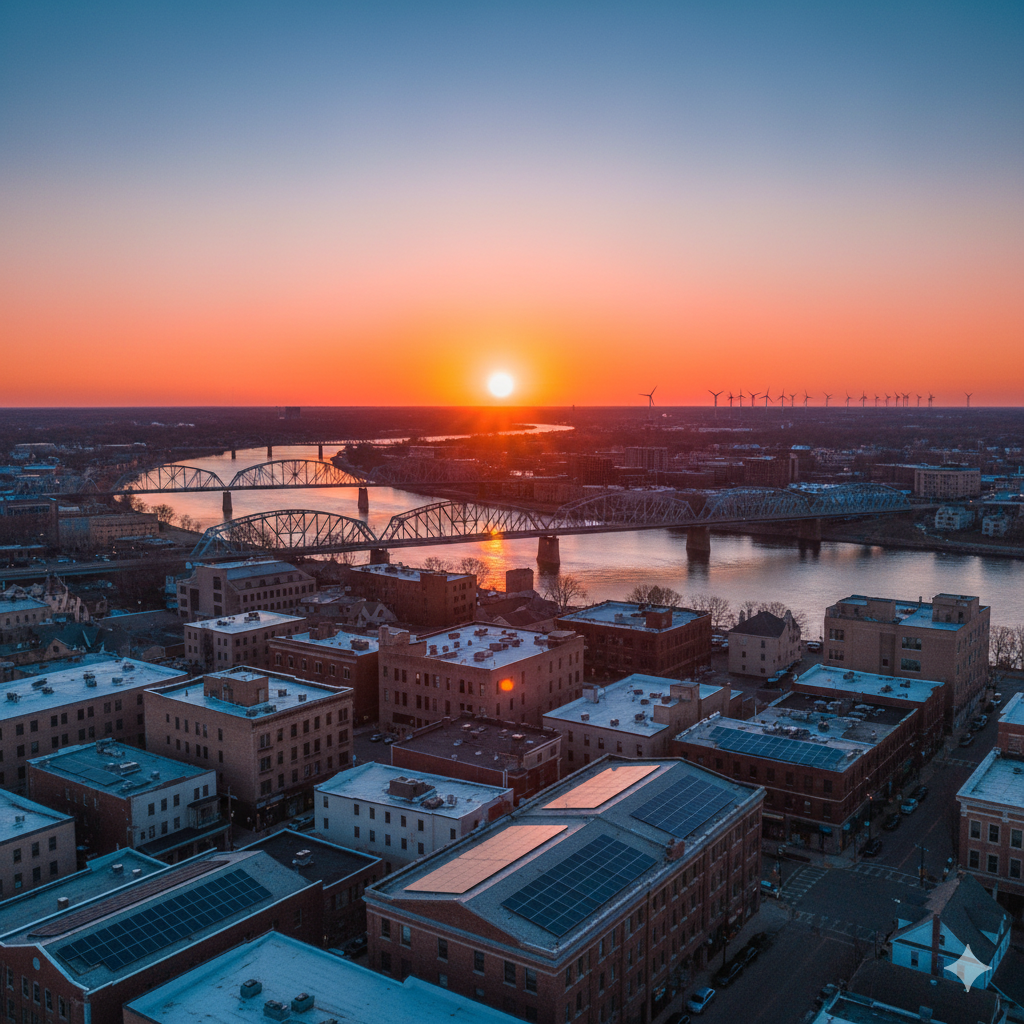 Aerial view of Bay City, Michigan at a vibrant sunset, showing the Saginaw River with bridges, and downtown buildings with solar panels on their rooftops in the foreground. Distant wind turbines are visible on the horizon.