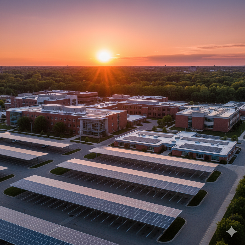 Aerial view of a large commercial or institutional campus at sunset, featuring expansive solar panel carports covering parking areas, and solar panels on the rooftops of the brick buildings, surrounded by green trees.