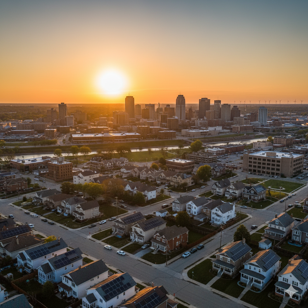 Aerial view of the Flint, Michigan skyline at sunset, with the sun low on the horizon. The foreground shows residential neighborhoods with several houses featuring rooftop solar panels, and the Flint River flowing through the midground near downtown buildings and distant wind turbines.