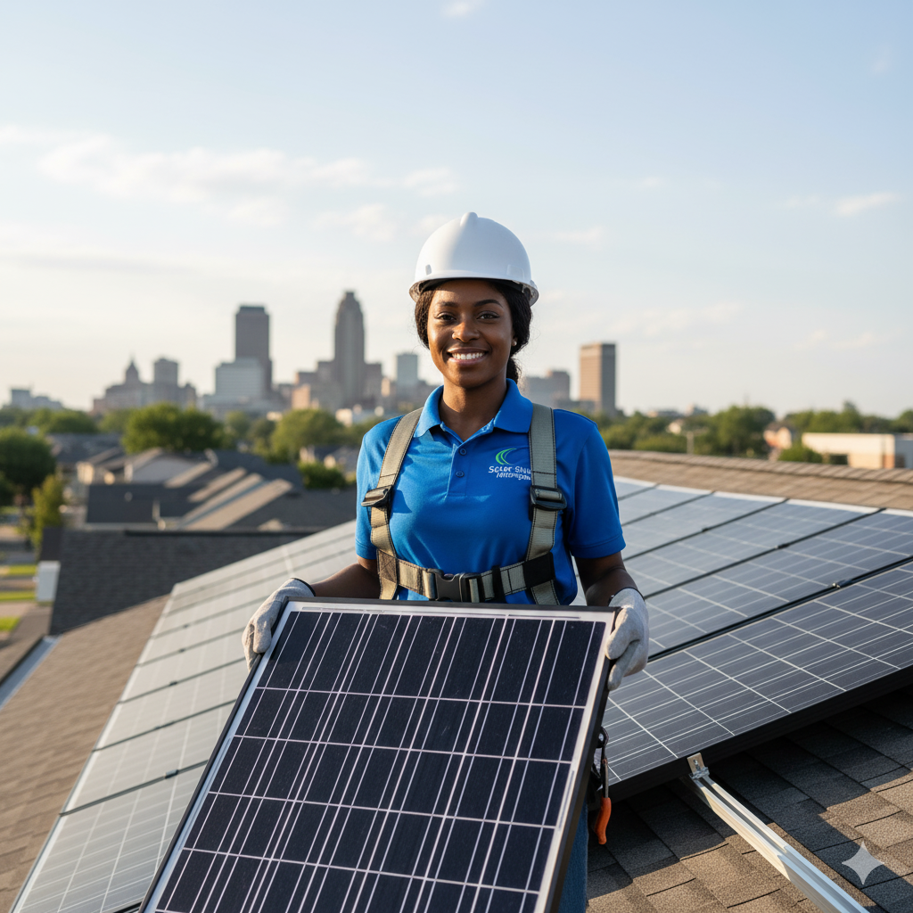 A smiling female solar installer, wearing a hard hat and safety harness, holding a solar panel on a residential rooftop in Flint, Michigan, with the city skyline visible in the background.