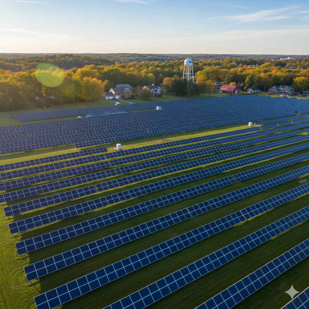 An expansive aerial view of a solar farm with rows of panels, set against a backdrop of trees showing early autumn colors and residential buildings. A prominent water tower stands in the distance under a clear sky, representing Genesee County, Michigan.