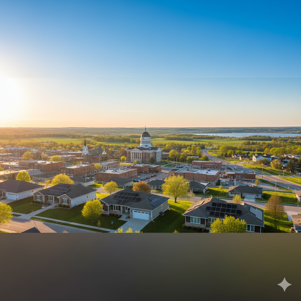 Aerial view of Lapeer, Michigan at sunset, showing residential homes with solar panels in the foreground and the Lapeer County Courthouse in the background, surrounded by green trees and a lake.