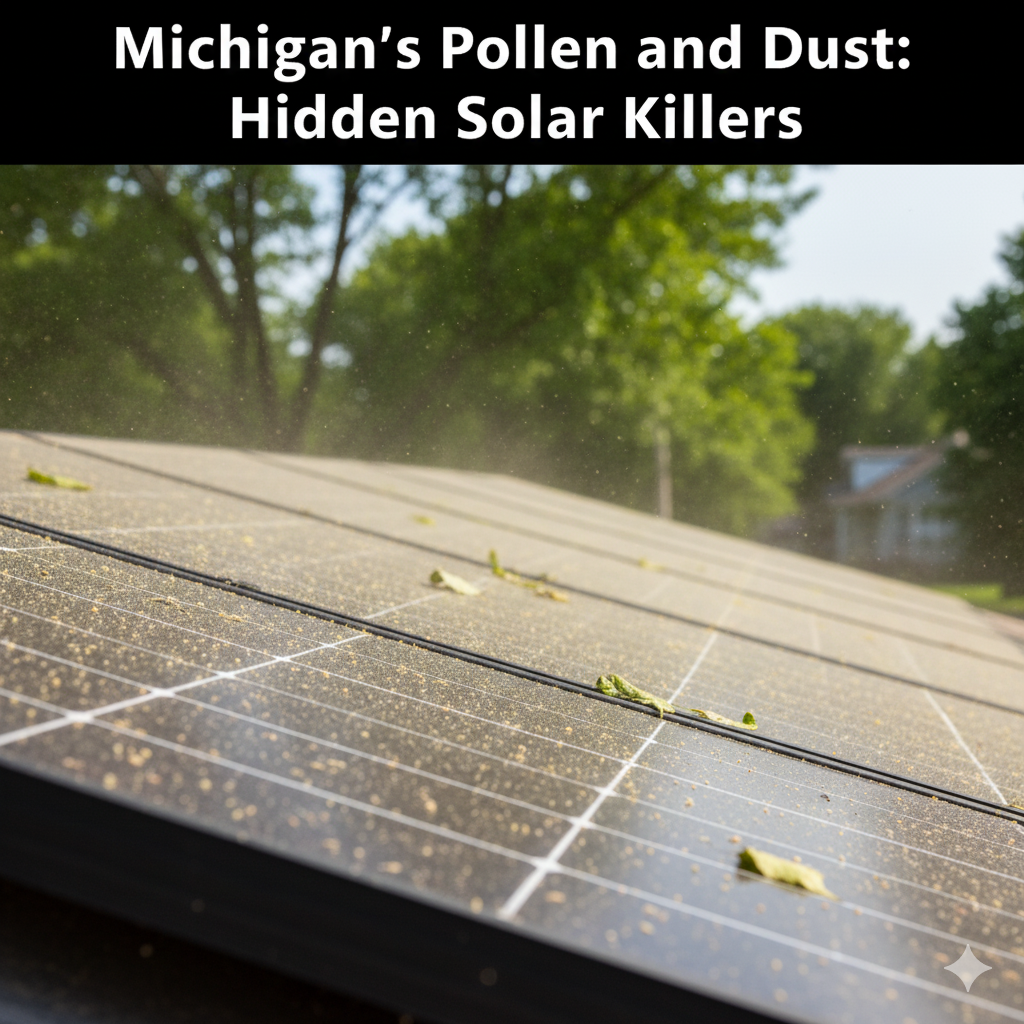 A close-up image of a solar panel heavily coated with yellow pollen and some leaves, indicating significant buildup from environmental factors. The background shows blurred green trees and a residential setting. The title "Michigan’s Pollen and Dust: Hidden Solar Killers" is prominently displayed at the top.