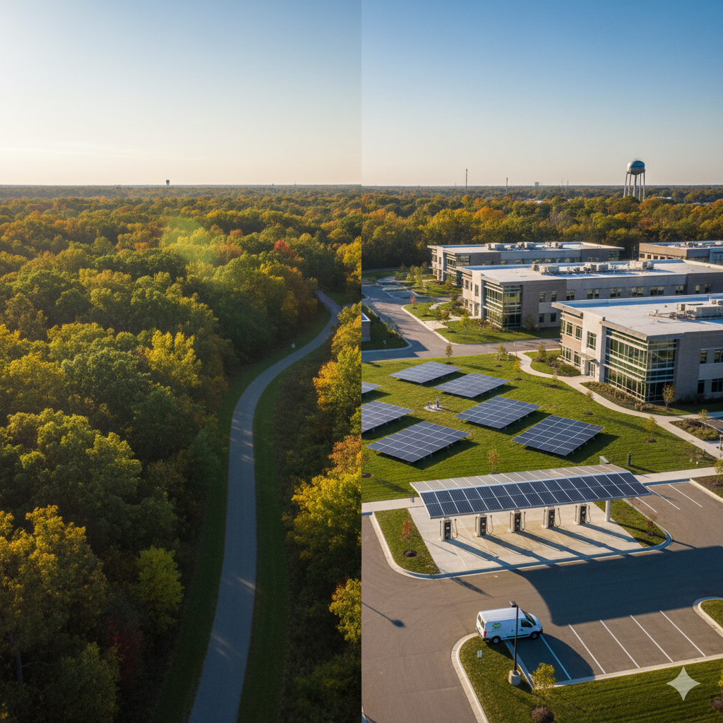 A split image showing on the left, a paved pathway winding through a dense, sunlit forest with autumn foliage, and on the right, a modern business park with several buildings, ground-mounted solar panels, and solar-powered electric vehicle charging stations, all under a clear sky, representing the diverse landscape and clean energy initiatives in Oakland County, Michigan.