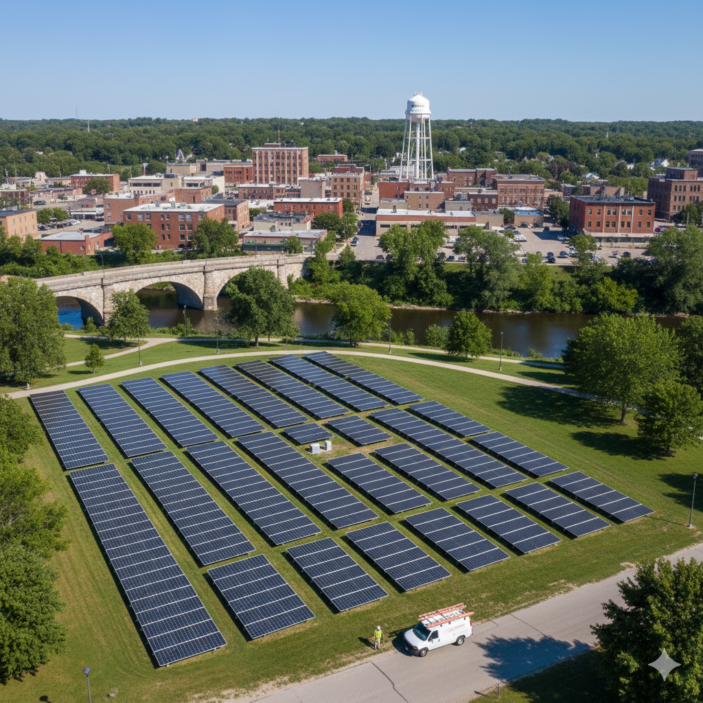 An aerial view of a ground-mounted solar panel array in a green space near a river in Owosso, Michigan. A technician stands by a white service van, with the city's historic bridge and downtown buildings, including a water tower, visible in the background under a clear blue sky, showing urban solar energy.