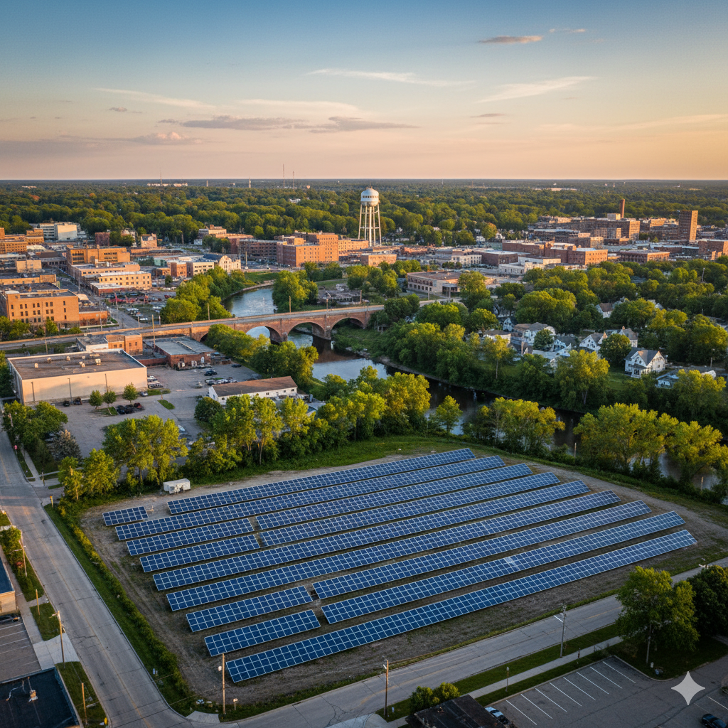 An aerial view of a solar panel array in Owosso, Michigan, with the city's downtown buildings, a river, and a historic bridge in the background during a soft evening light. A prominent water tower stands on the horizon, depicting renewable energy in an urban setting.