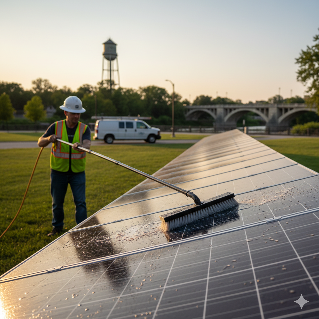 A close-up shot of a technician in a hard hat and safety vest cleaning a ground-mounted solar panel with a long-handled brush, showing water droplets on the panel. In the background, a service van, a water tower, and a bridge, characteristic of Owosso, Michigan, are softly blurred, emphasizing solar panel maintenance.