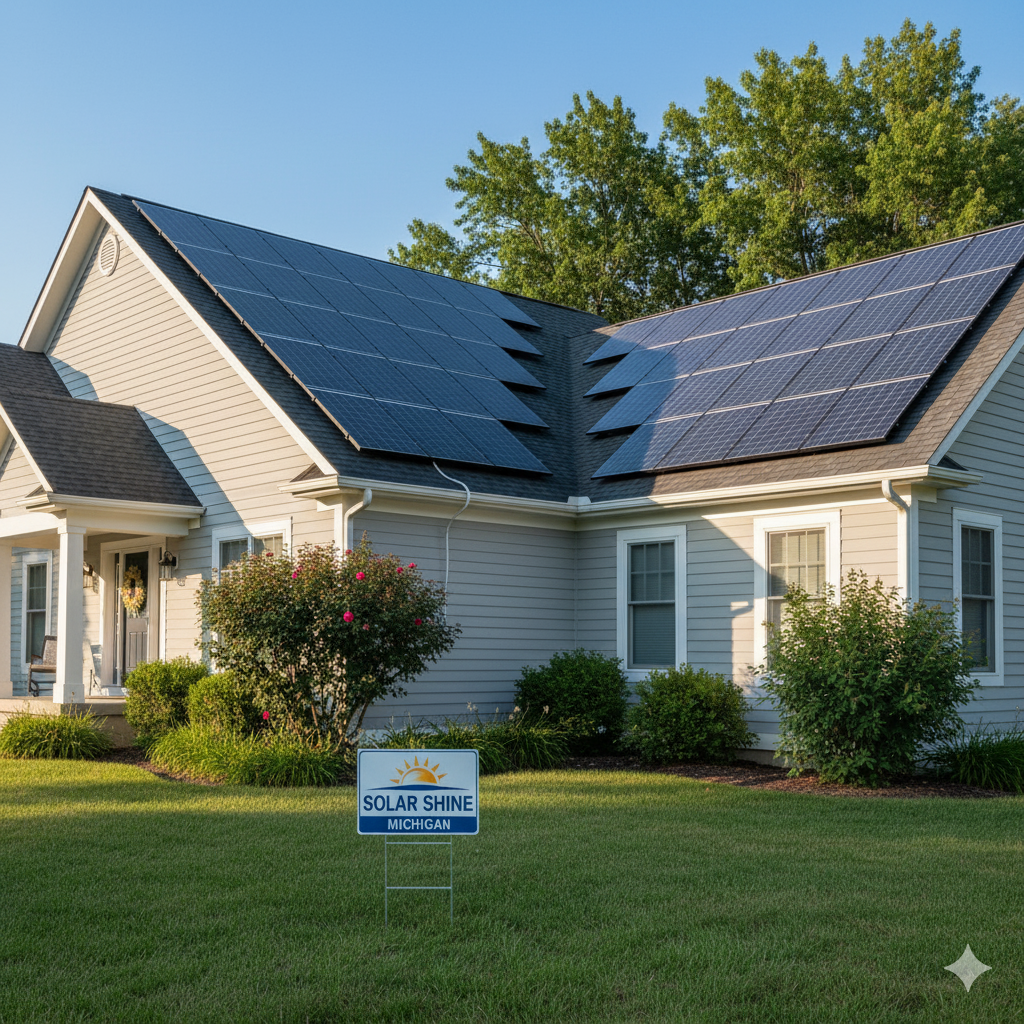 Residential house in Troy, Michigan with a newly installed rooftop solar panel system and a 'Solar Shine Michigan' yard sign on a sunny day.