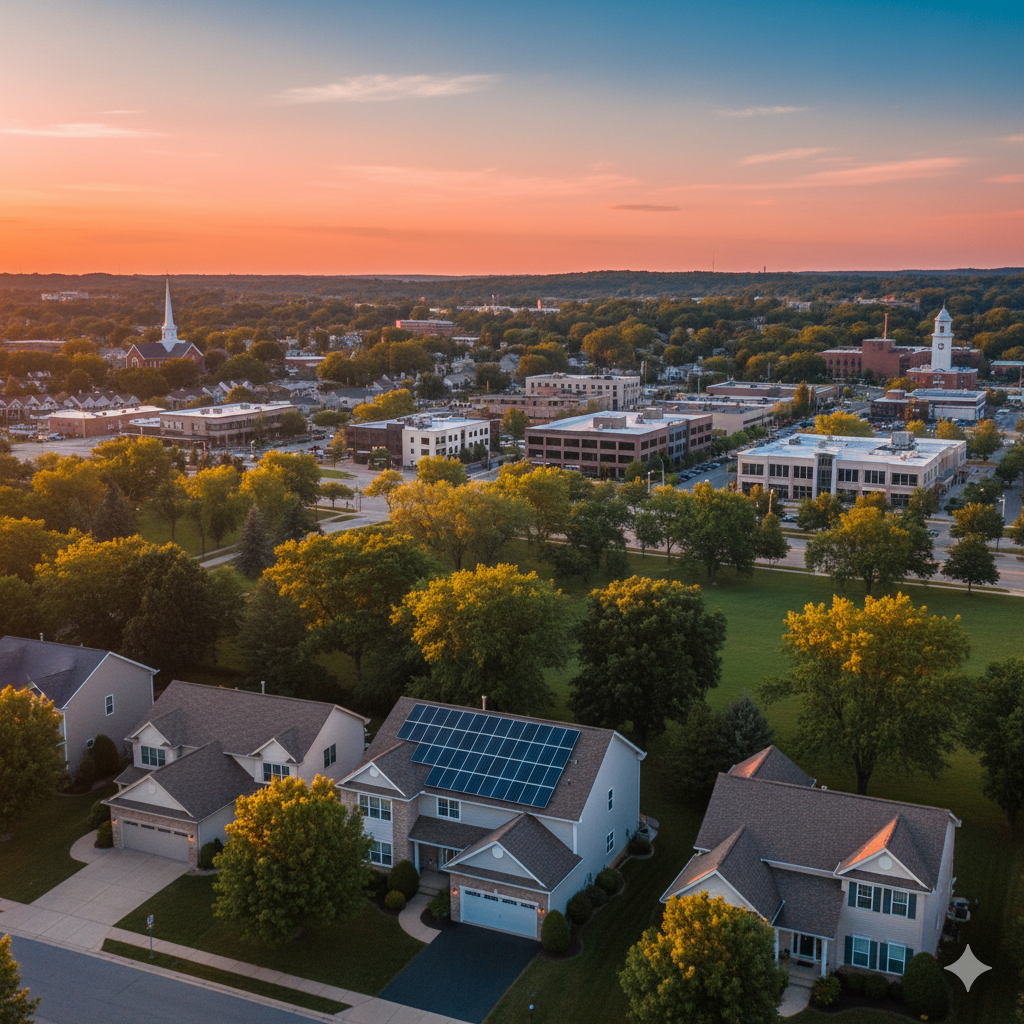 Aerial view of Rochester Hills, Michigan at sunset, showing residential homes with a prominent solar panel installation in the foreground, and the city's commercial area and distant church steeples under an orange sky.