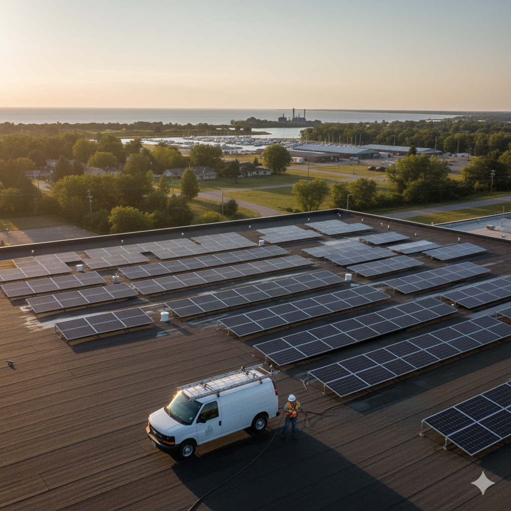 An aerial view of a commercial rooftop with solar panels, where a technician is working near a white service van. In the background, a large body of water (likely Saginaw Bay) with a marina and industrial structures is visible, indicative of Bay County, Michigan.