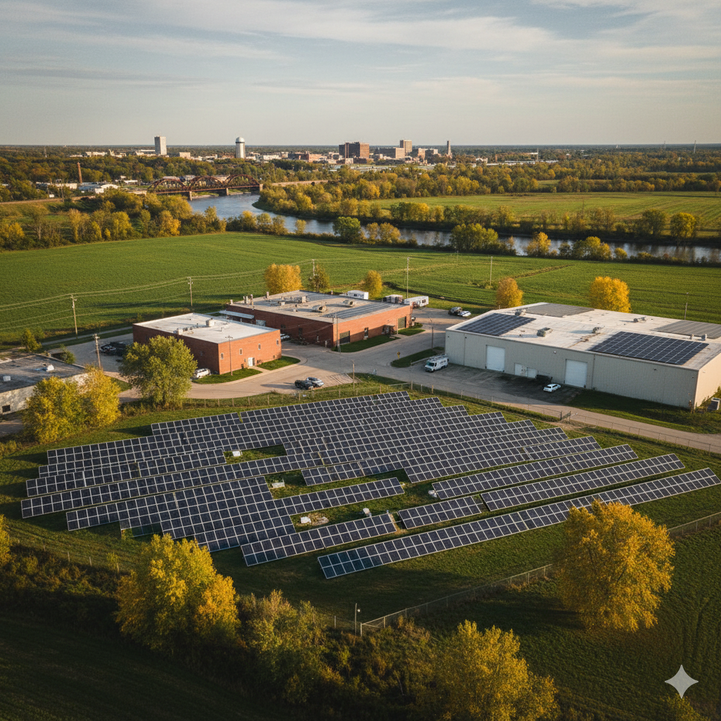 An aerial view of a ground-mounted solar panel array adjacent to commercial buildings in Saginaw County, Michigan. In the background, a river winds towards the cityscape of Saginaw with its distinctive water tower, depicting a blend of commercial solar energy and urban landscape during autumn.