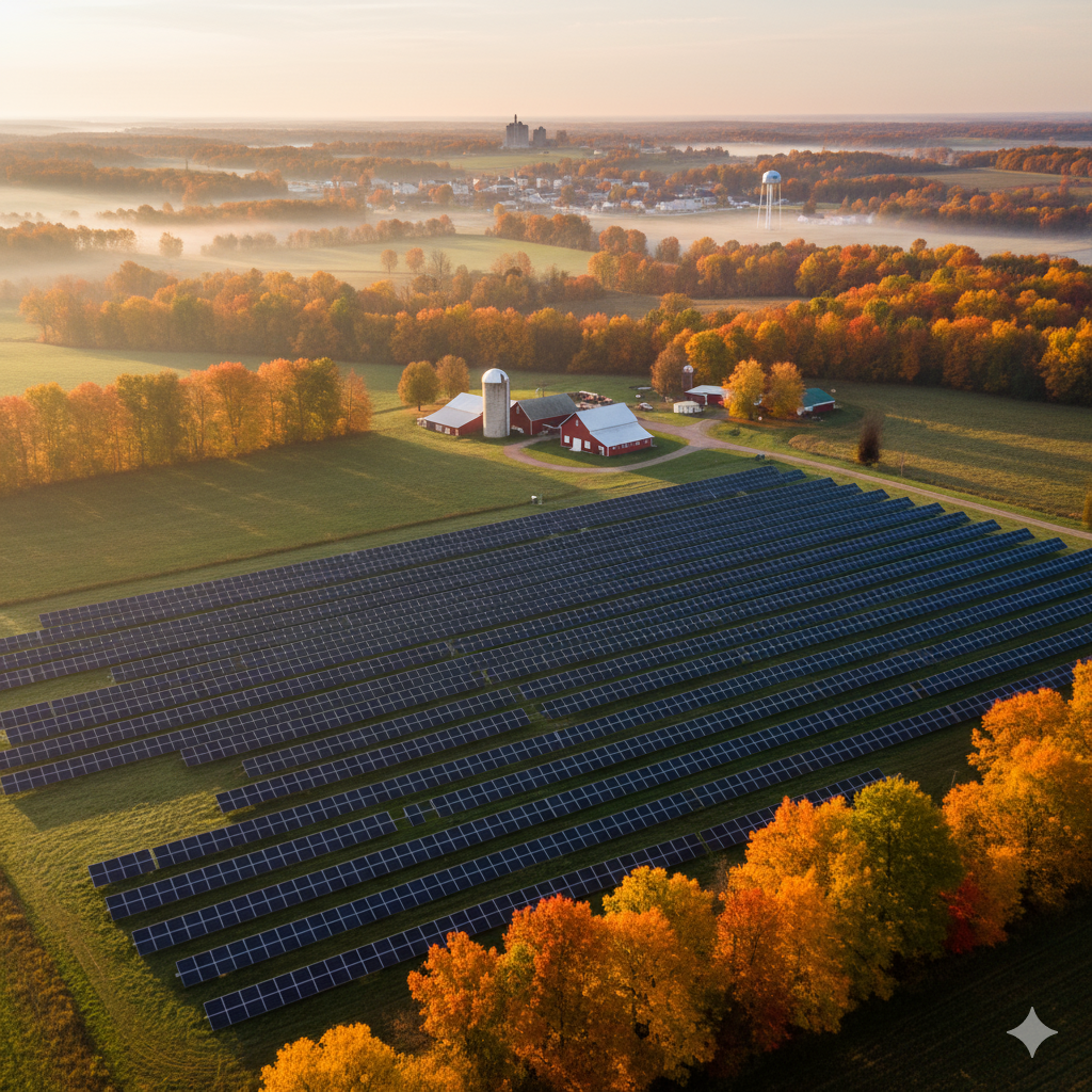 An aerial view of a solar farm in Shiawassee County, Michigan, at sunrise, with a light mist hanging over the colorful autumn trees and fields. A traditional red barn and farm buildings are visible, and a distant water tower pierces the misty horizon, representing sustainable energy in a serene, rural setting.