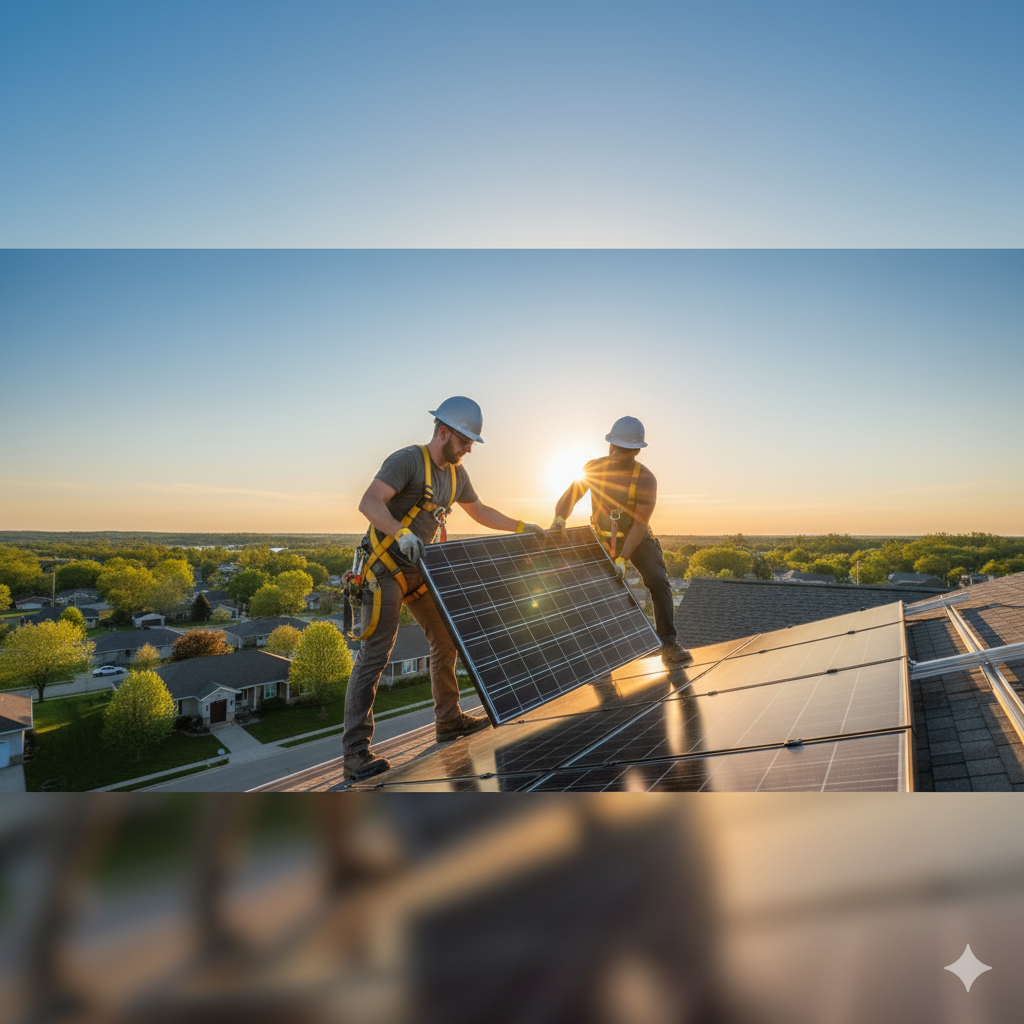 Two technicians in safety harnesses installing a solar panel on a rooftop at sunset in Lapeer, Michigan, with the sun's glare visible behind them and a residential area in the background.