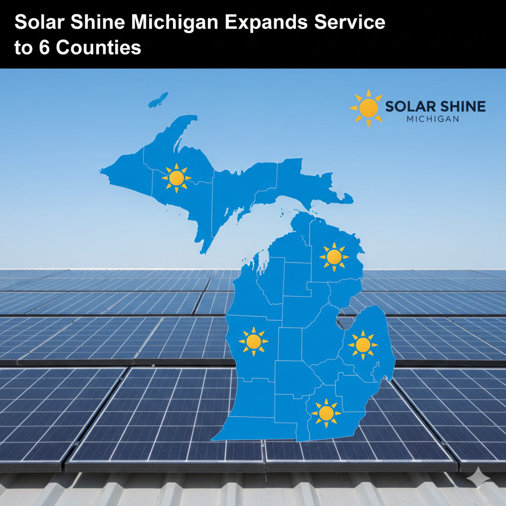 An image for a blog post titled "Solar Shine Michigan Expands Service to 6 Counties." The image features a map of Michigan, highlighted in blue, with six sun icons strategically placed across the map to represent the expanded service areas. In the foreground, there are solar panels on a rooftop. The Solar Shine Michigan logo is also visible in the upper right corner.