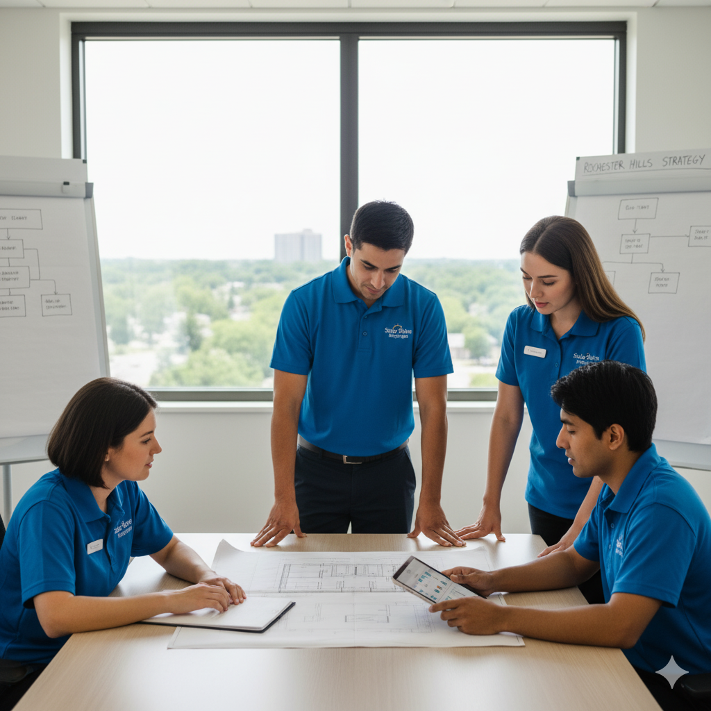 Four Solar Shine Michigan team members in blue polo shirts, reviewing solar installation blueprints and digital plans on a tablet during a meeting in an office with a large window overlooking Rochester Hills.