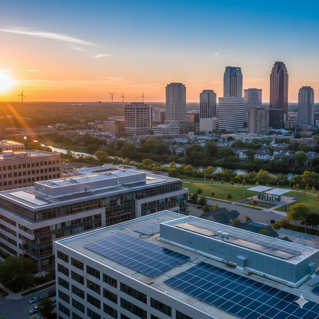 Aerial view of Troy, Michigan skyline at sunset with office buildings featuring solar panels in the foreground and wind turbines in the distance, representing sustainable energy.